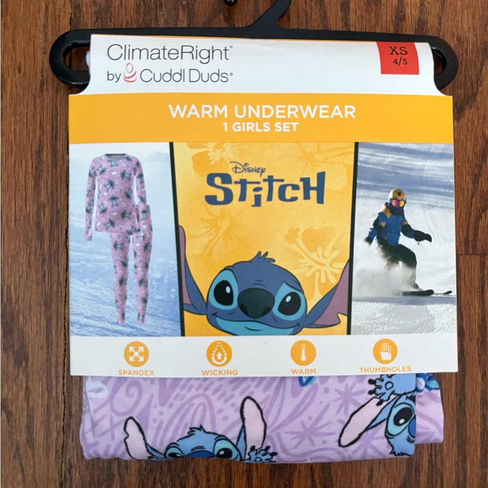 Climateright By Cuddl Duds Stitch Girls Thermal Set, Size XS 4/5